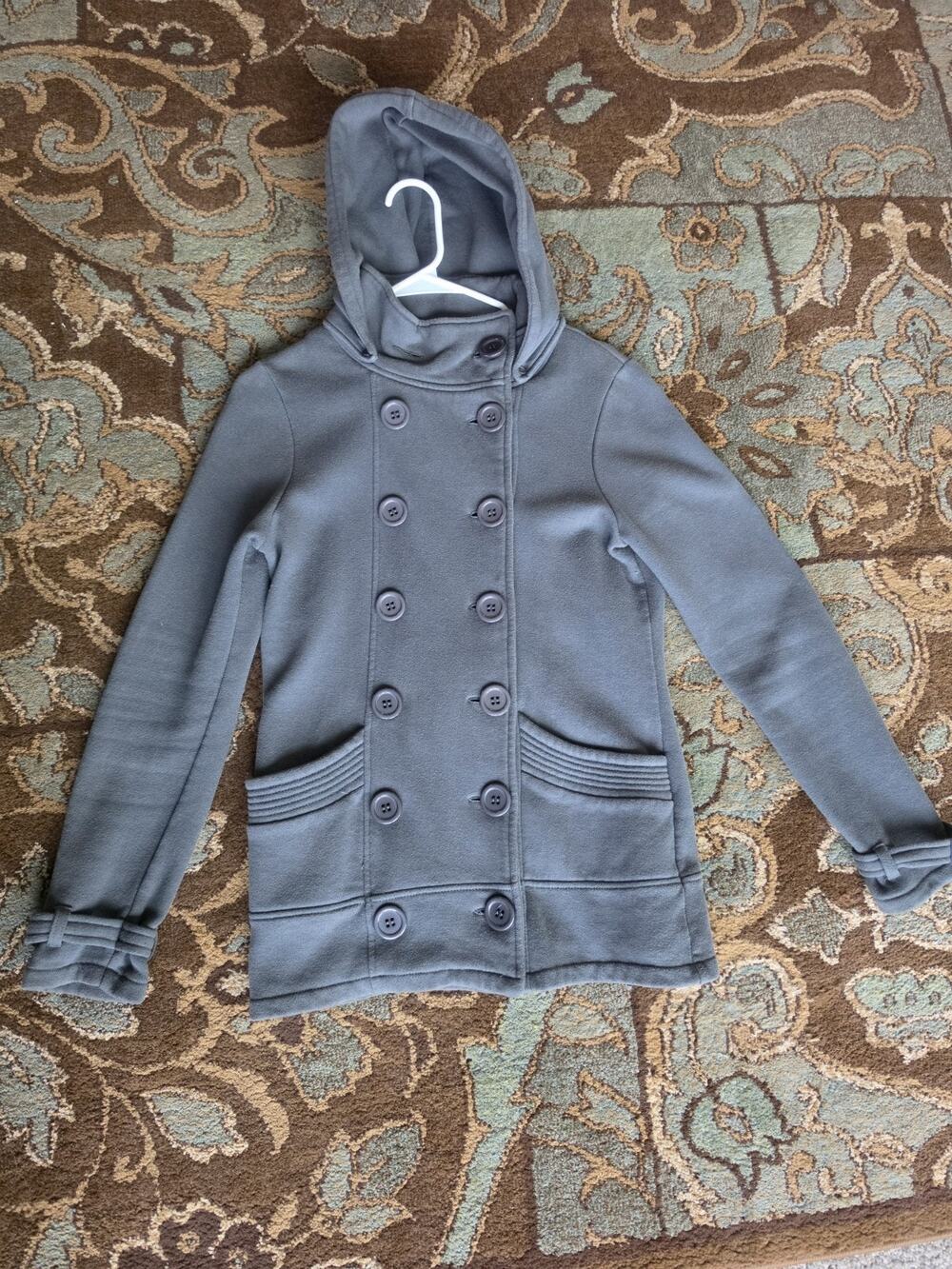 VINTAGE Womens MED Gray/Blue Hooded Peacoat: DARK ACADEMIA/ANIME/WHIMSIGOTH